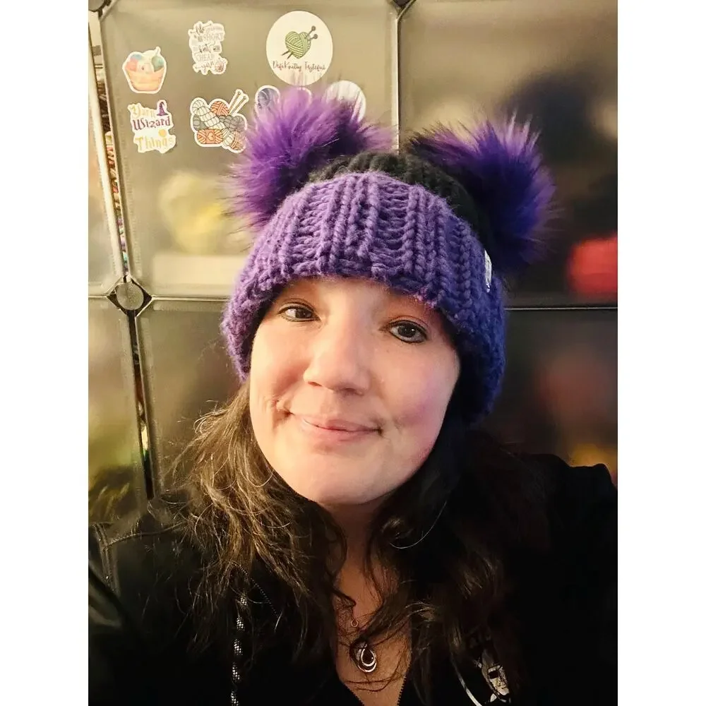 Hand Knit Beanie with Double Faux Fur Poms - Adult Winter Hat